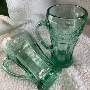 vintage Coca Cola Heavy Glass  Set of 2 Handled Green Libby Coke Glass